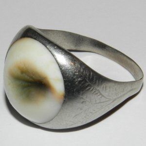 Vintage  White Yemeni Aqeeq Silver Tone Ring Eye Agate Evil Protection Men Ring